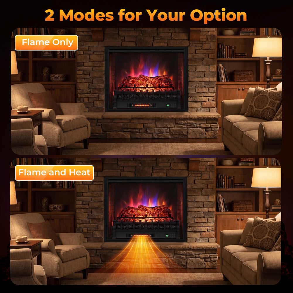26-inch WiFi infrared quartz electric fireplace insert showing flame only and flame with heat modes for versatile.