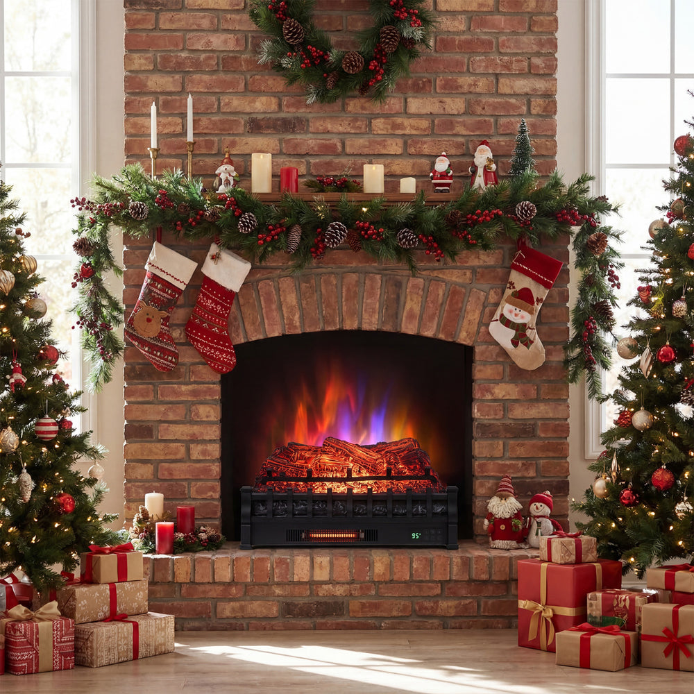 26-inch black WiFi infrared quartz electric fireplace insert with realistic logs, perfect for cozy winter ambiance.
