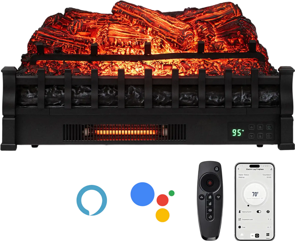 26-inch WiFi infrared quartz electric fireplace insert with realistic logs, remote control, and customizable flame.