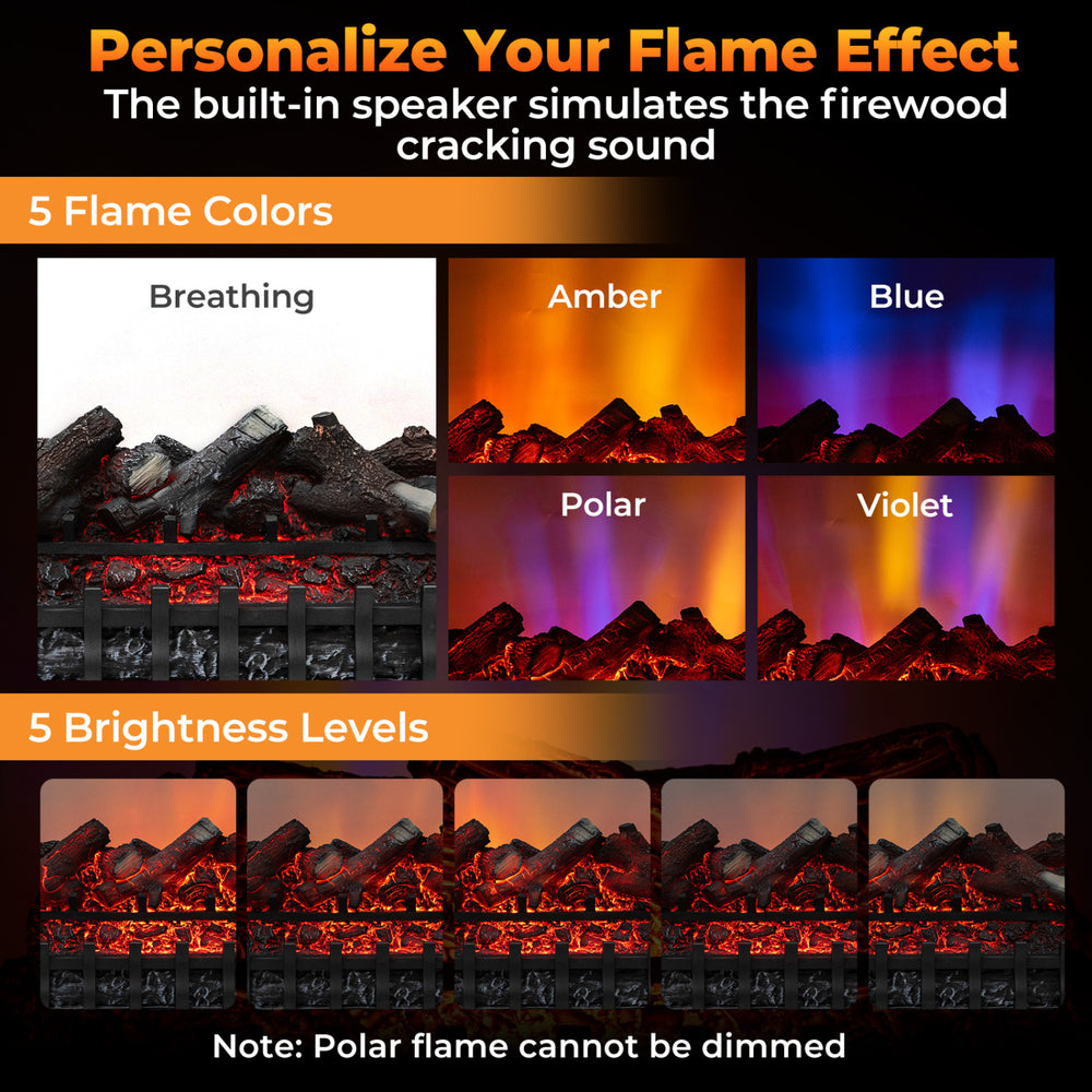 Close-up of the electric fireplace insert showing 5 flame colors and brightness levels for customizable ambiance.