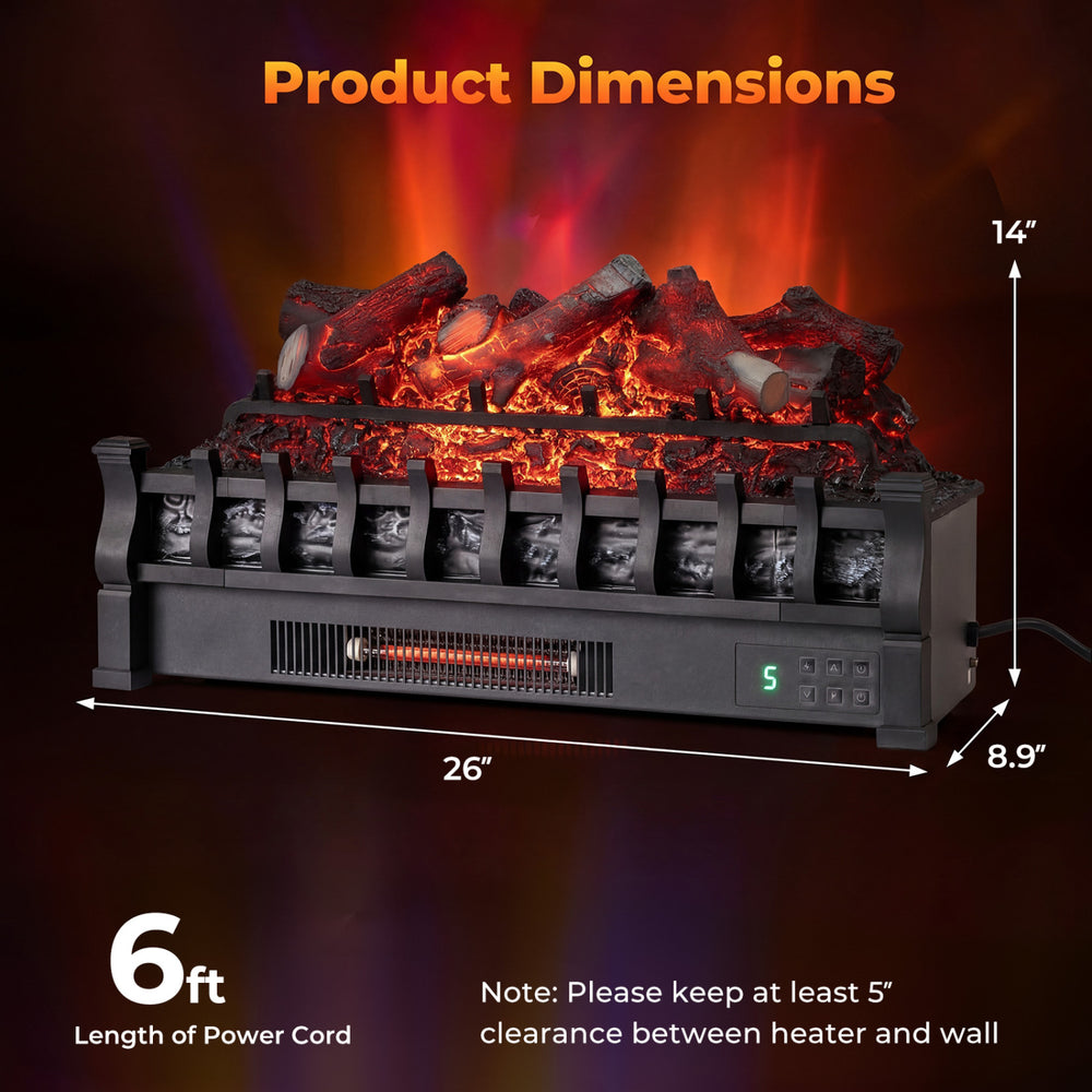 26-inch WiFi infrared quartz electric fireplace insert with realistic logs, 5 flame colors, and 1500W heating power.