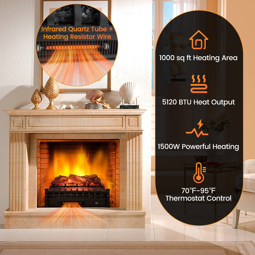 26-inch infrared quartz electric fireplace with realistic pinewood ember bed, 1500W heating for 1000 sq ft, remote.