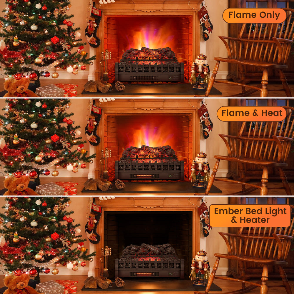 26-inch infrared quartz electric fireplace showing flame only mode, featuring realistic pinewood ember bed for cozy.