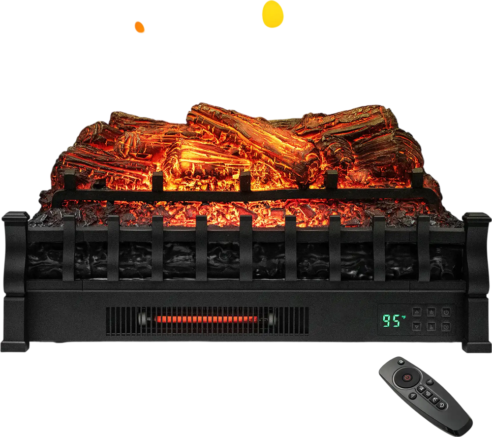26-inch infrared quartz electric fireplace with realistic pinewood ember bed, remote control, and adjustable flame.