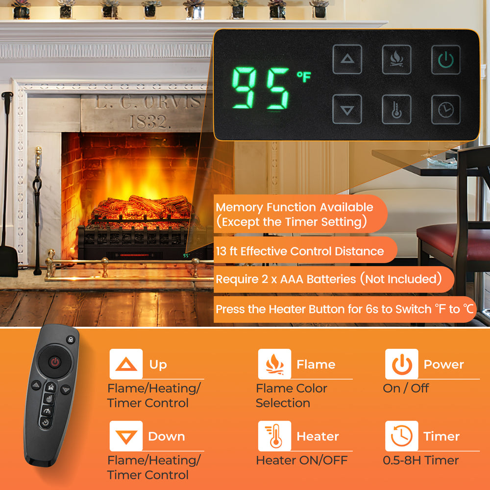 Remote control for the 26-inch infrared quartz electric fireplace with digital display and flame settings for cozy.