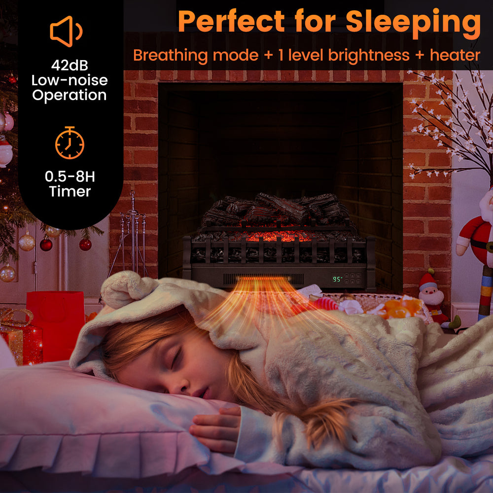 26-inch infrared quartz electric fireplace with realistic pinewood ember bed, perfect for sleeping with low-noise.