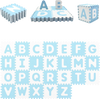 Interlocking ABC play mats in blue, featuring 26 detachable letters, soft EVA foam for safe, creative play.