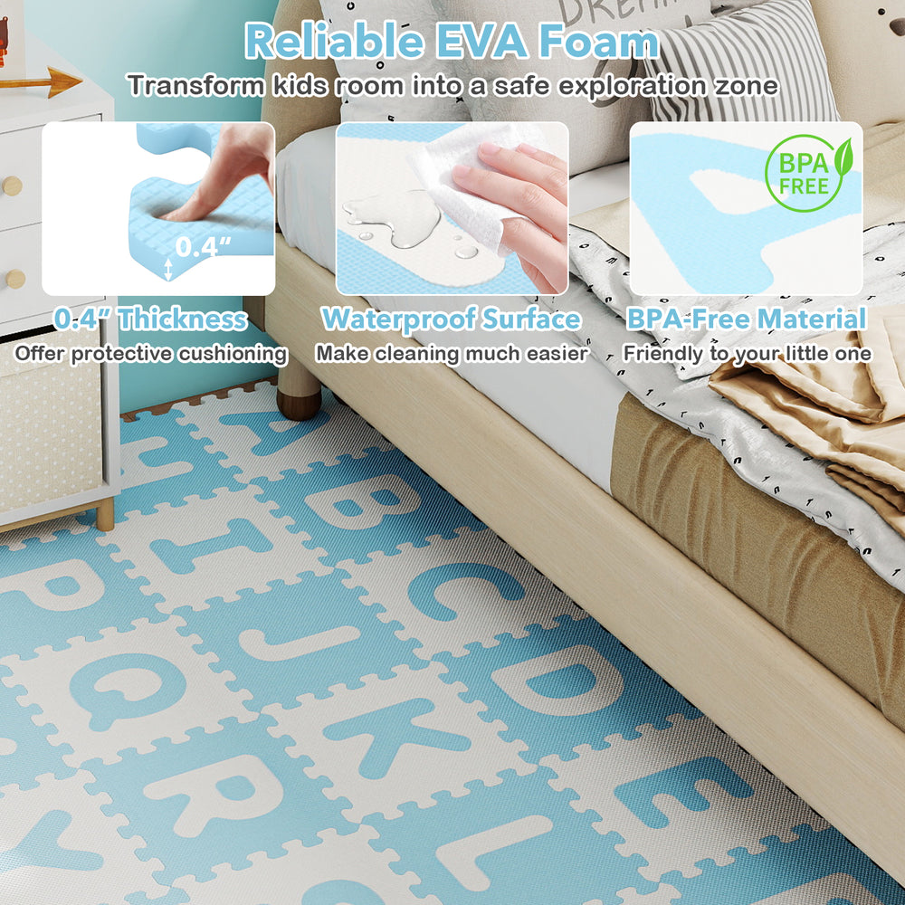 Interlocking ABC play mats in blue with detachable letters, 0.4" thick EVA foam for safe, cushioned play.
