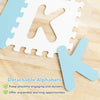 Interlocking ABC play mat with detachable blue letters, made of soft EVA foam for safe and engaging playtime.