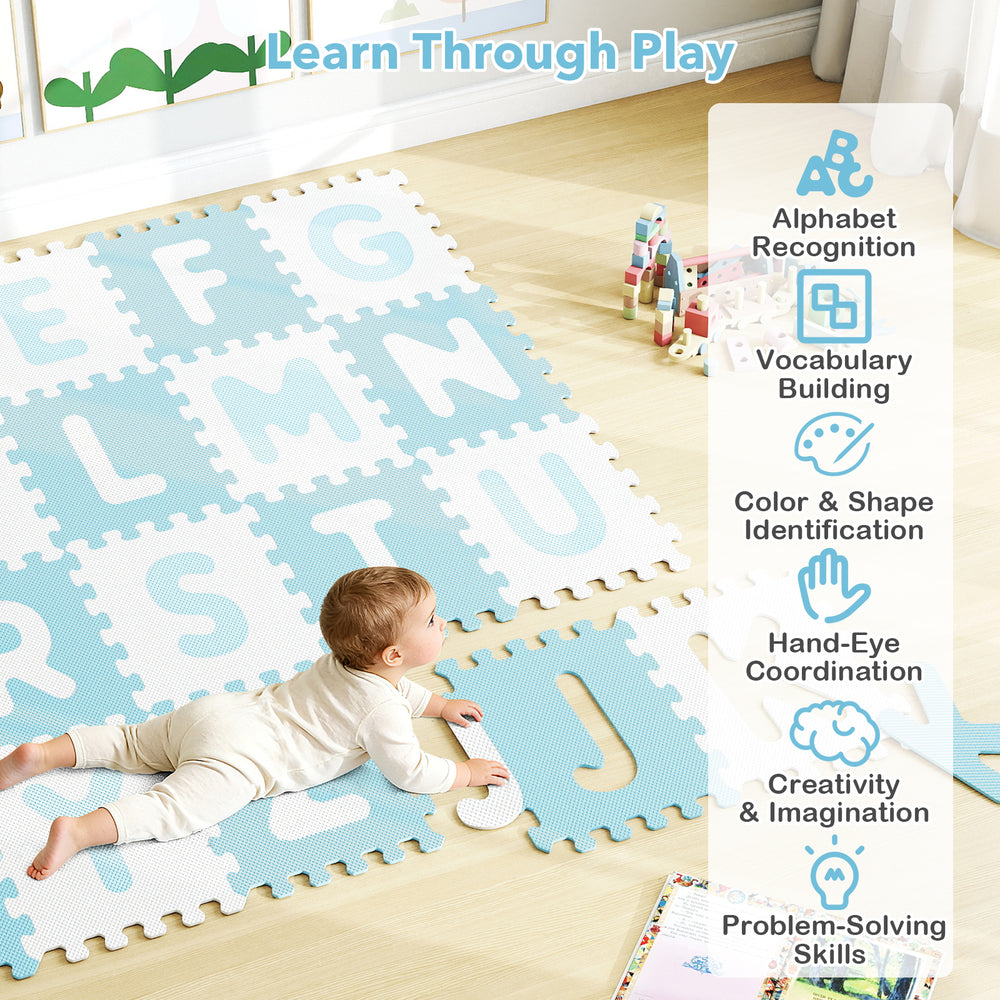 Blue interlocking ABC play mats set with detachable letters, soft EVA foam for safe and fun learning playtime.