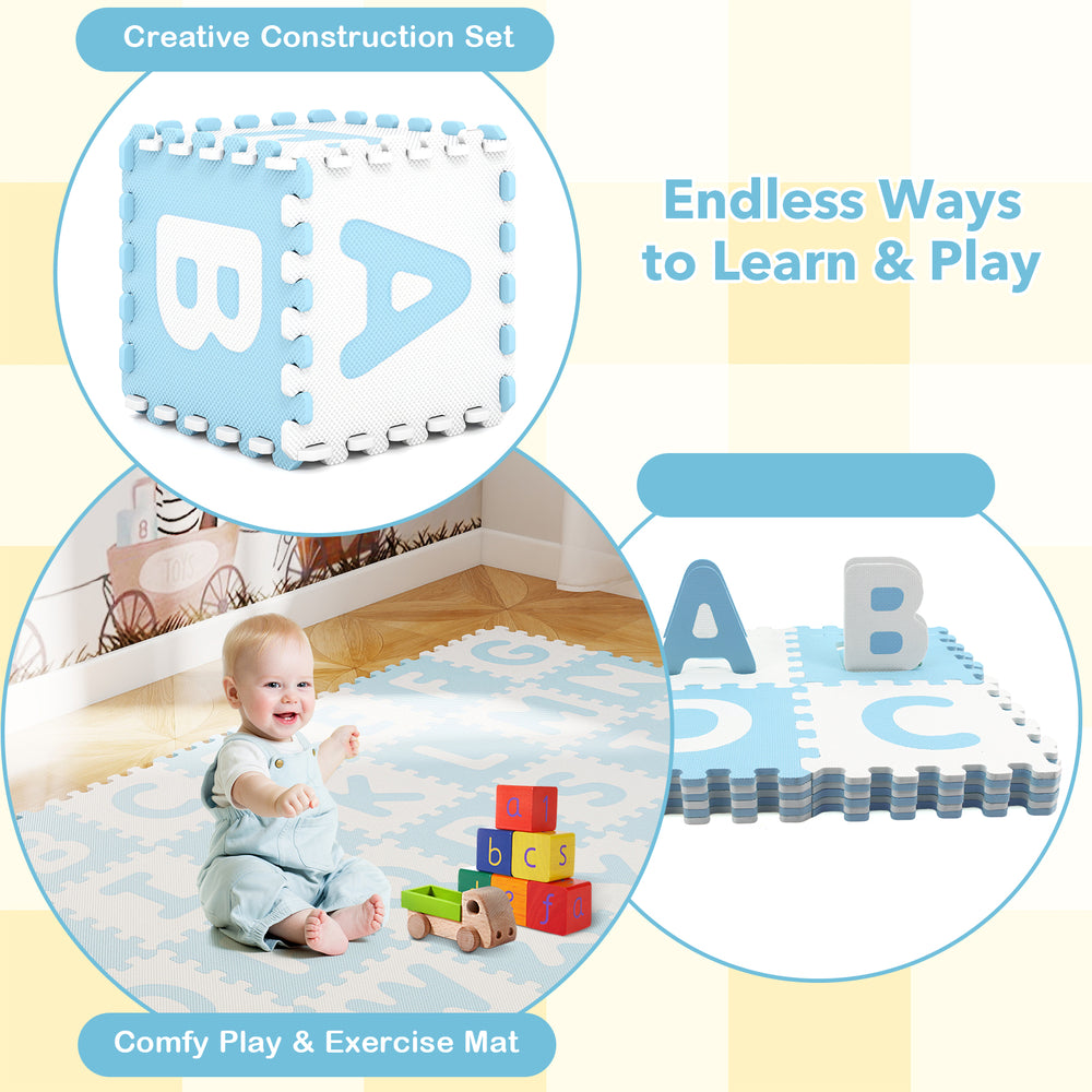 Interlocking ABC play mats in blue with detachable letters, soft EVA foam for safe and comfy playtime.