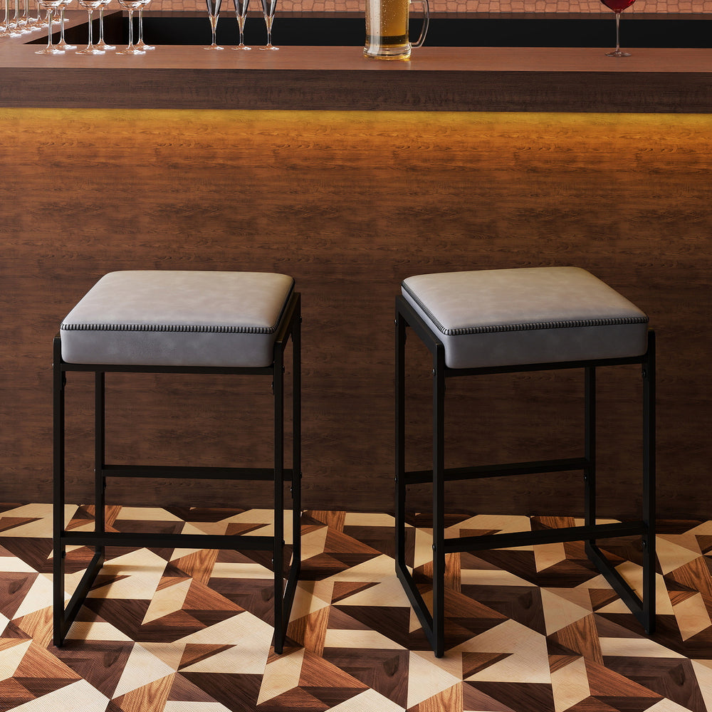 26 inch Bar Stools Set of 2 Counter Height Barstools with Faux Leather Upholstered Seat-Gray - Gallery View 1 of 10