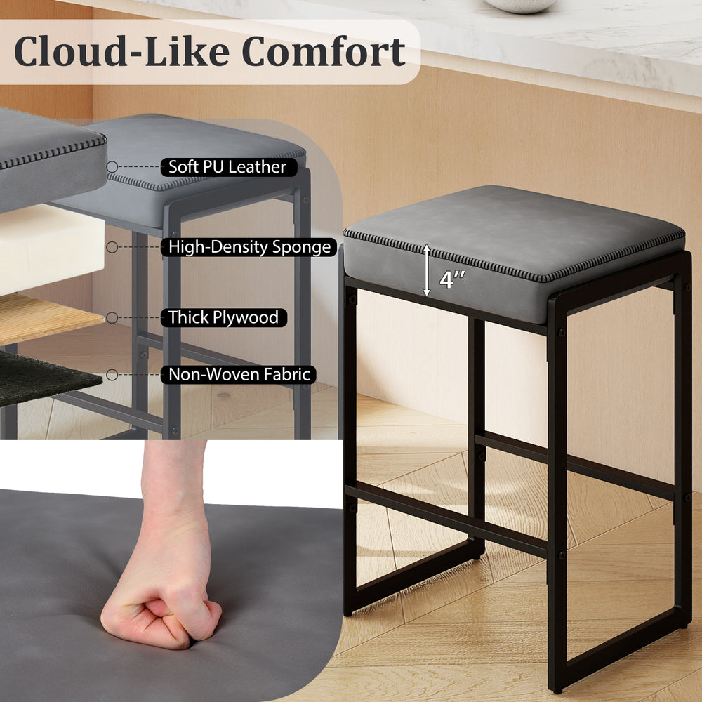 Gray bar stool with soft PU leather seat, 4" thick sponge, and sturdy metal frame, perfect for kitchen islands.