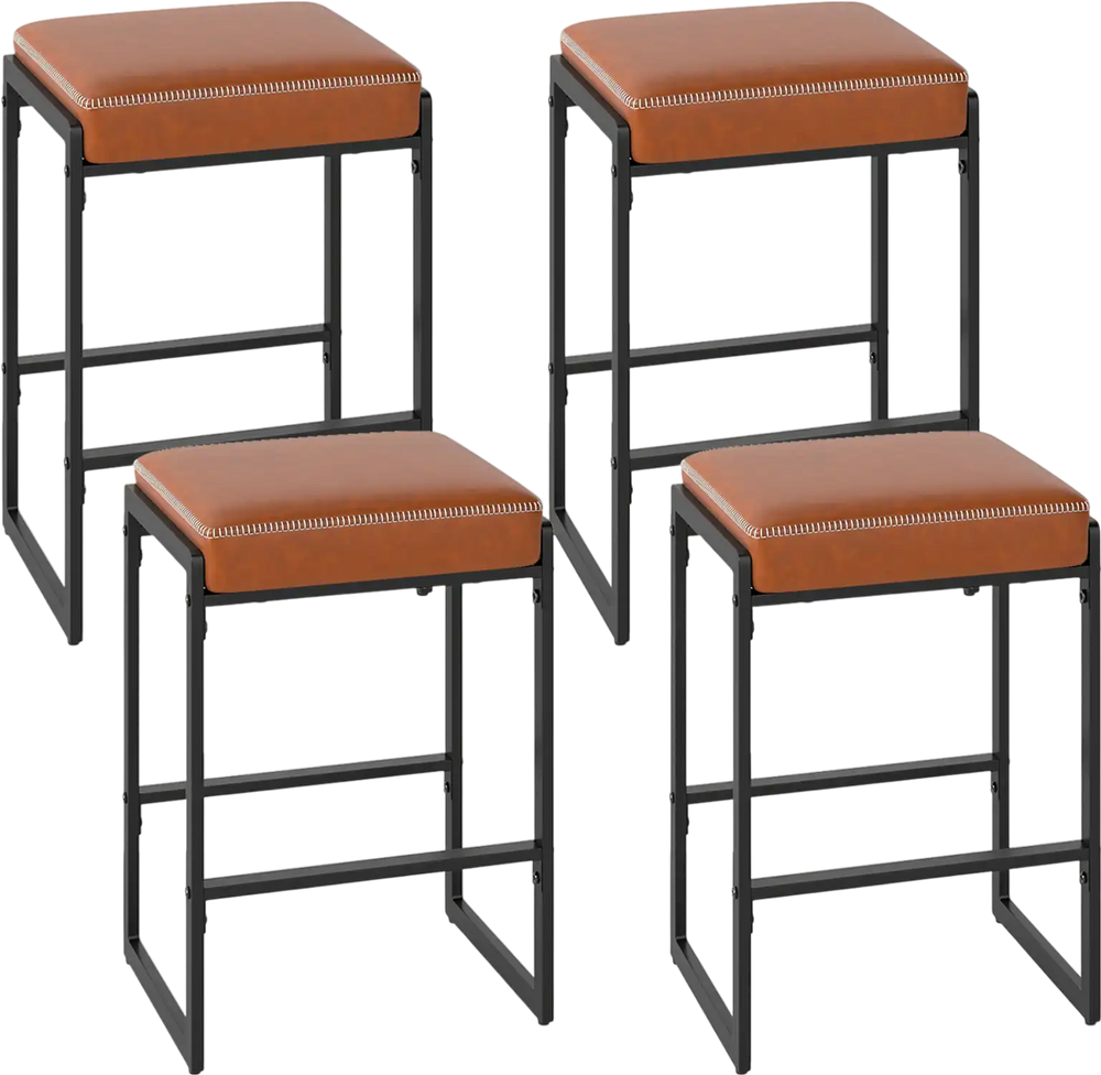 Set of 4 bar stools with brown faux leather seats, 26" height, and sturdy metal frames for kitchen islands and home.