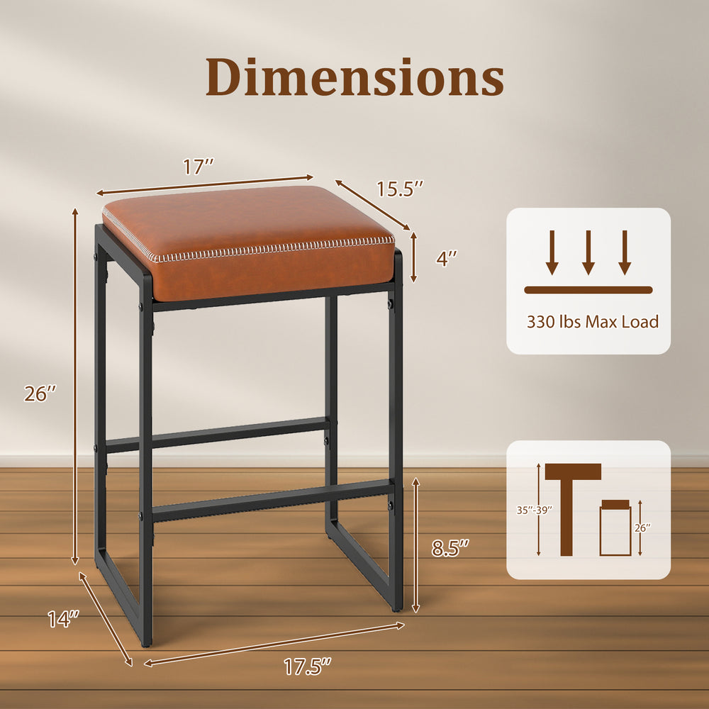 26-inch bar stool dimensions with brown faux leather seat, sturdy metal frame, and 330 lbs max load capacity.