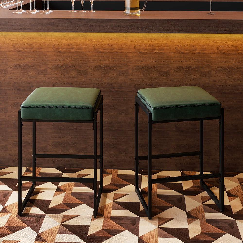 26 inch Bar Stools Set of 4 Counter Height Barstools with Faux Leather Upholstered Seat-Green - Gallery View 1 of 10