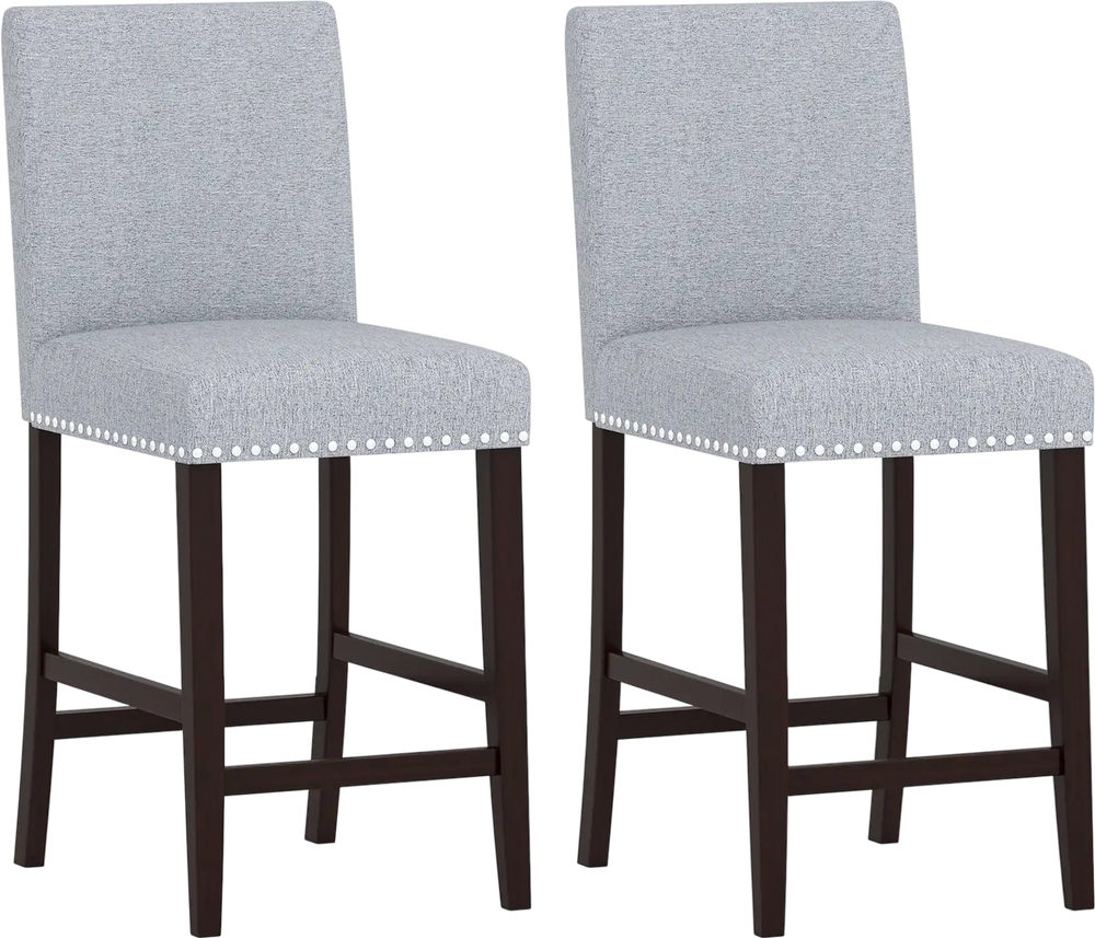 Set of 2 gray counter height chairs with padded seats, nailhead trim, and sturdy rubber wood frame for kitchen or bar.
