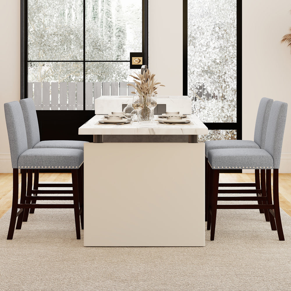 Counter height chairs set of 2 in gray with padded seats and backrests, ideal for kitchen islands or cafes.