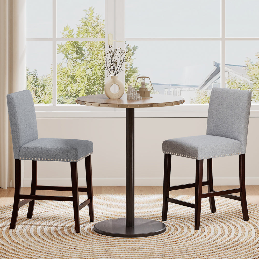 Counter height chairs set of 2 in gray with padded seats and backrests, perfect for kitchen islands or cafes.