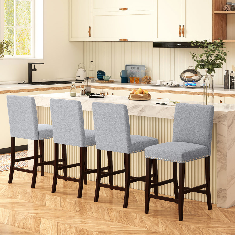 Set of two 26-inch gray counter height chairs with padded seats, backrests, and elegant nailhead trim for kitchen.