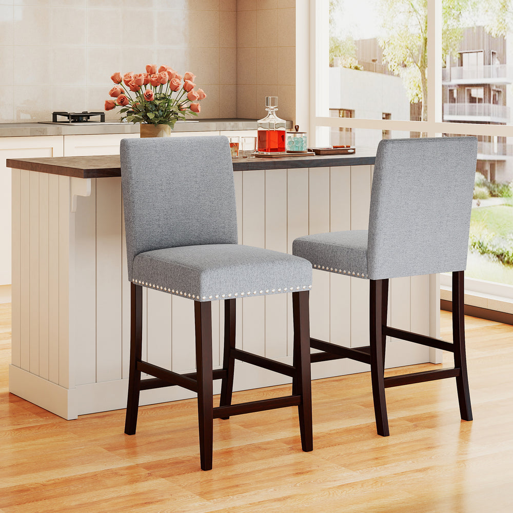 Counter height chairs set of 2 with gray padded seats and backrests, featuring elegant nailhead trim for kitchen.
