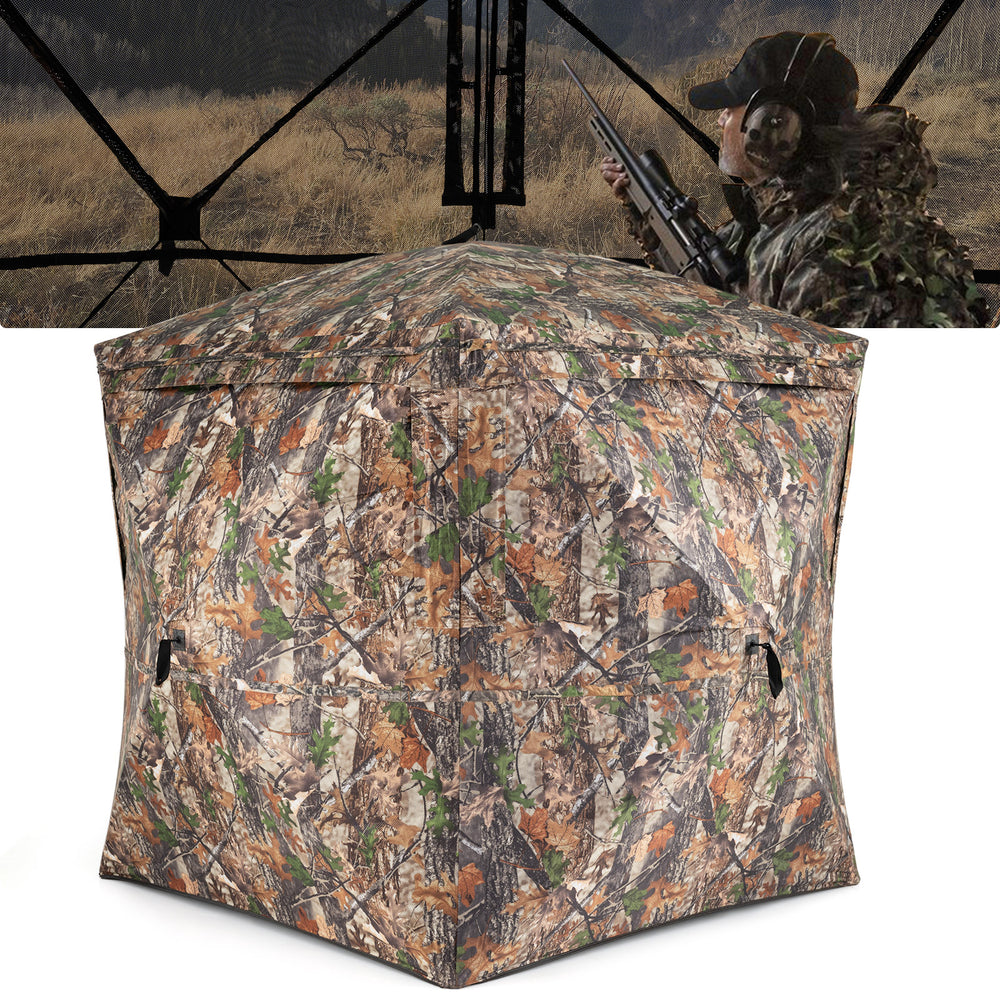 270° see-through hunting blind tent with silent magnetic door, featuring camouflage design and spacious interior for.