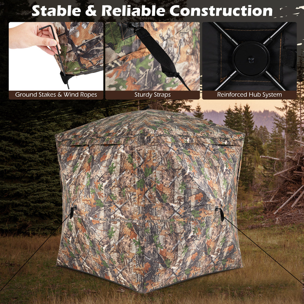 270° see-through hunting blind tent with silent magnetic door, featuring sturdy straps and reinforced hub system for.