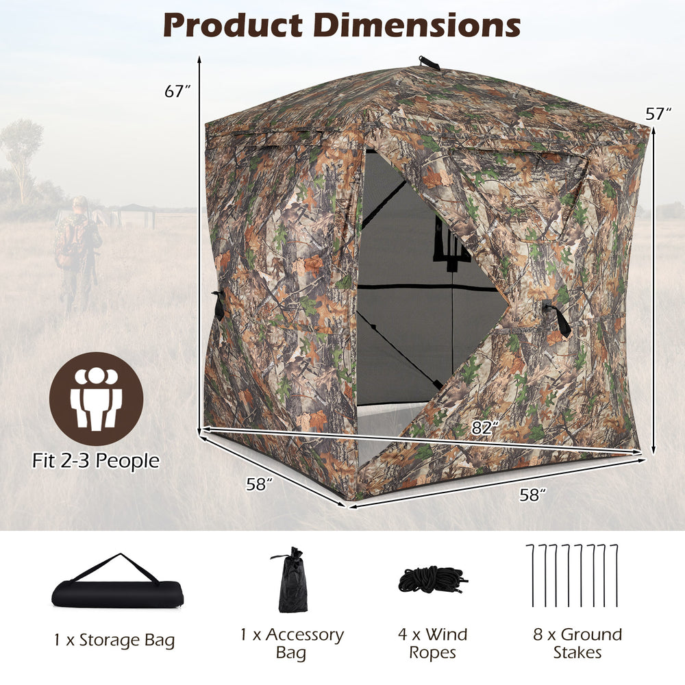 270° see-through hunting blind tent dimensions with magnetic door, fitting 2-3 people, ideal for stealthy outdoor use.