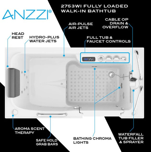 Anzzi 2753FLWL Bathtub 27" x 53" Left Drain Walk-In Whirlpool Air Jets Waterfall Quick Fill New