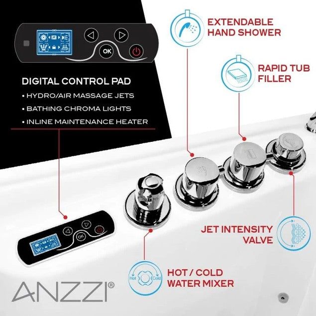 Anzzi 2753FLWL Bathtub 27" x 53" Left Drain Walk-In Whirlpool Air Jets Waterfall Quick Fill New