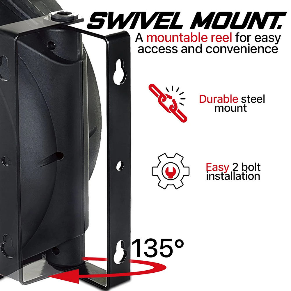 Reelworks Air Hose Reel Swivel Mount- 1/4 In X 65 Ft, 3 Ft Lead-in