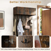 Rustic brown wall-mounted coat rack with upper storage cabinet and 5 metal hooks, perfect for entryways and compact.