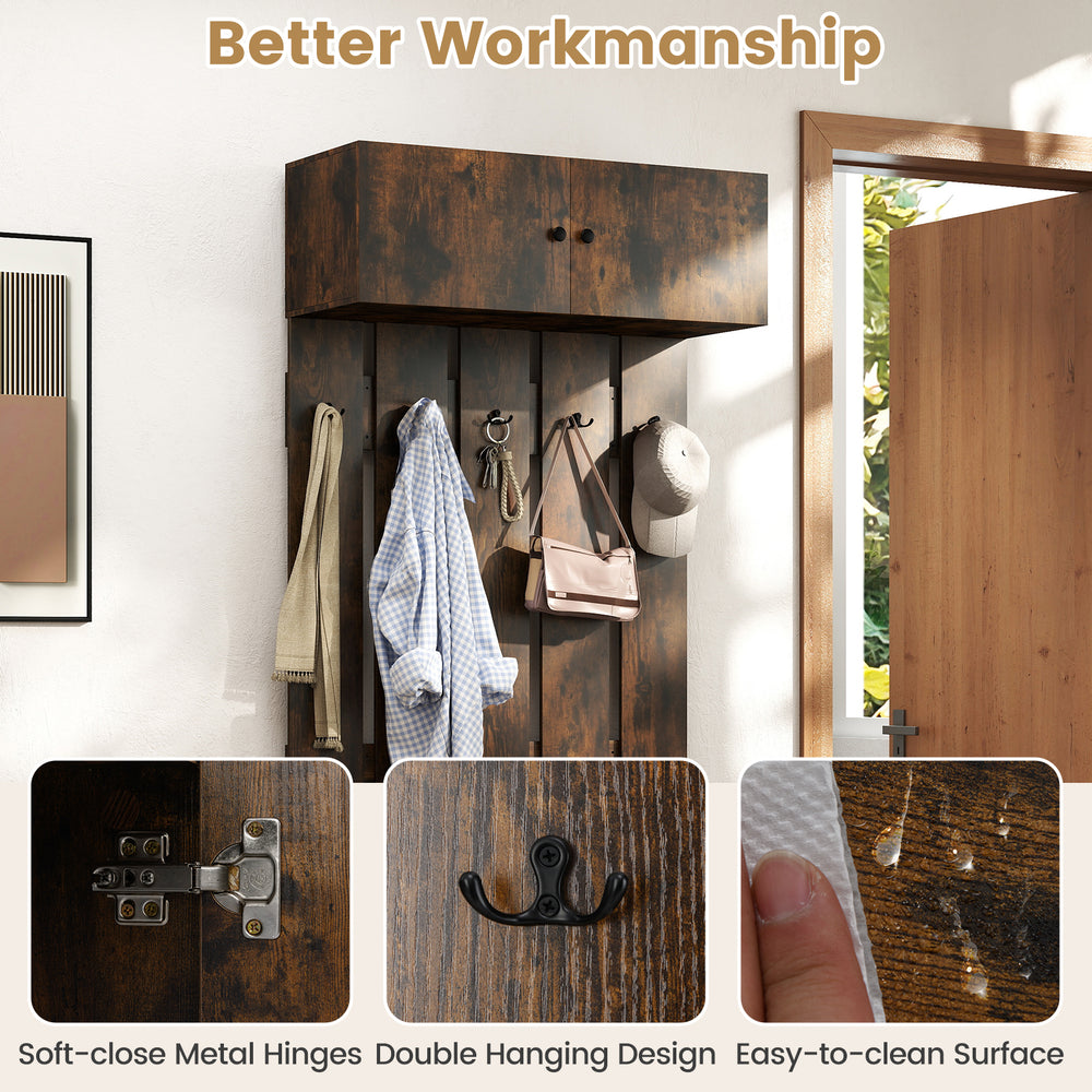 Rustic brown wall-mounted coat rack with upper storage cabinet and 5 metal hooks, perfect for entryways and compact.