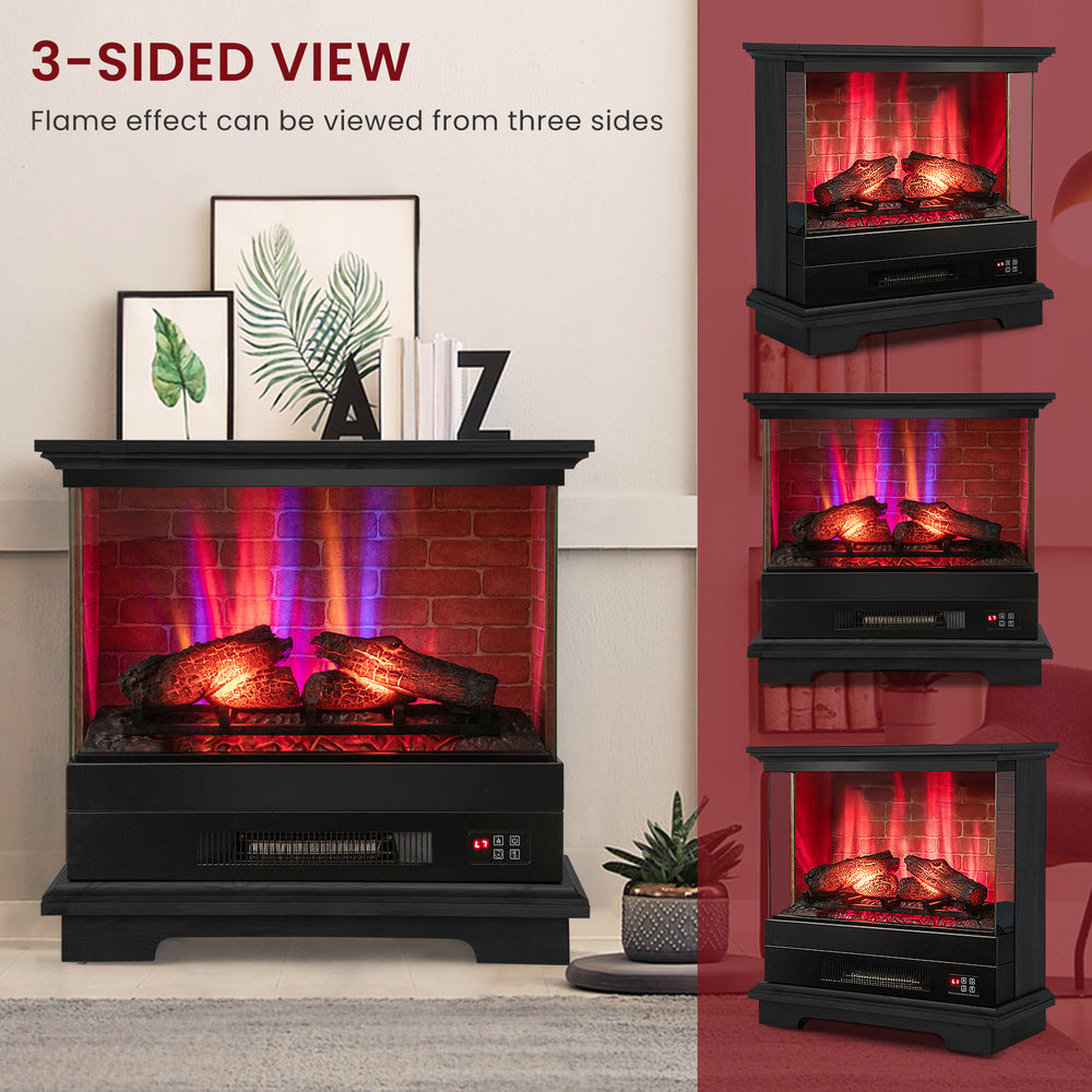 Freestanding 27-inch black fireplace with multi-color flame effect, remote control, and adjustable heating for cozy.
