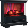 Freestanding black fireplace with 7-color flame effect, remote control, and adjustable heating for cozy ambiance.