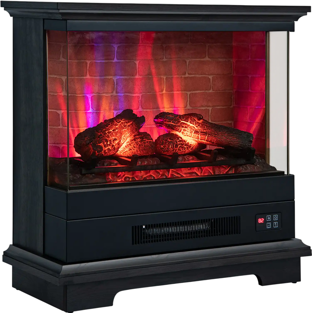 Freestanding black fireplace with 7-color flame effect, remote control, and adjustable heating for cozy ambiance.