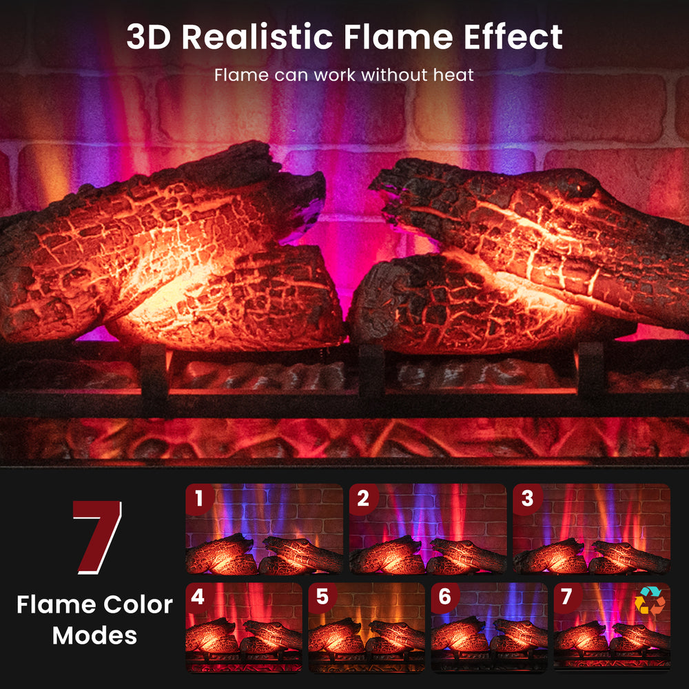 Freestanding fireplace showcasing 3D realistic flame effect with 7 color modes, ideal for elegant home decor.