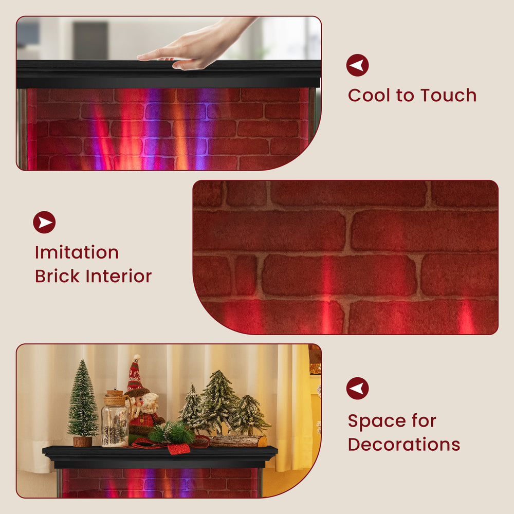 Close-up of the 27-inch freestanding fireplace's imitation brick interior, showcasing space for decorations and.