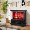 Freestanding black fireplace with remote control, featuring a multi-color flame effect and adjustable heating for cozy.