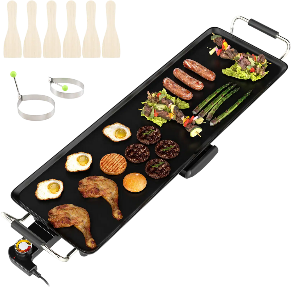 Large 27-inch electric griddle with nonstick surface, adjustable temperature, and included spatulas for versatile.