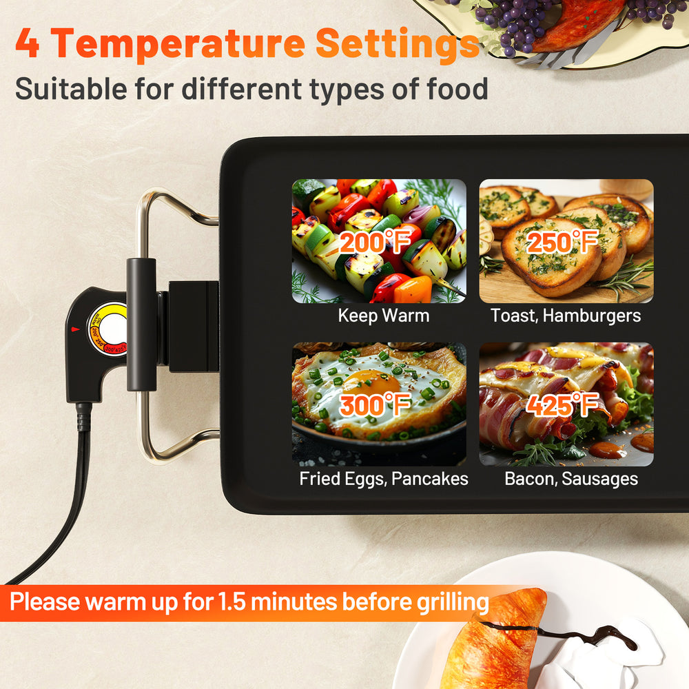 Large electric griddle with 4 temperature settings, ideal for cooking multiple foods like pancakes and bacon.