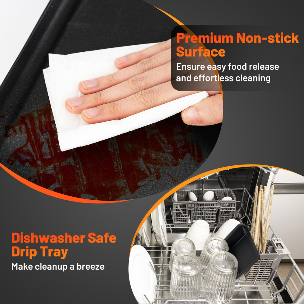 Non-stick surface of the 27-inch electric griddle being cleaned, featuring a dishwasher safe drip tray for easy cleanup.