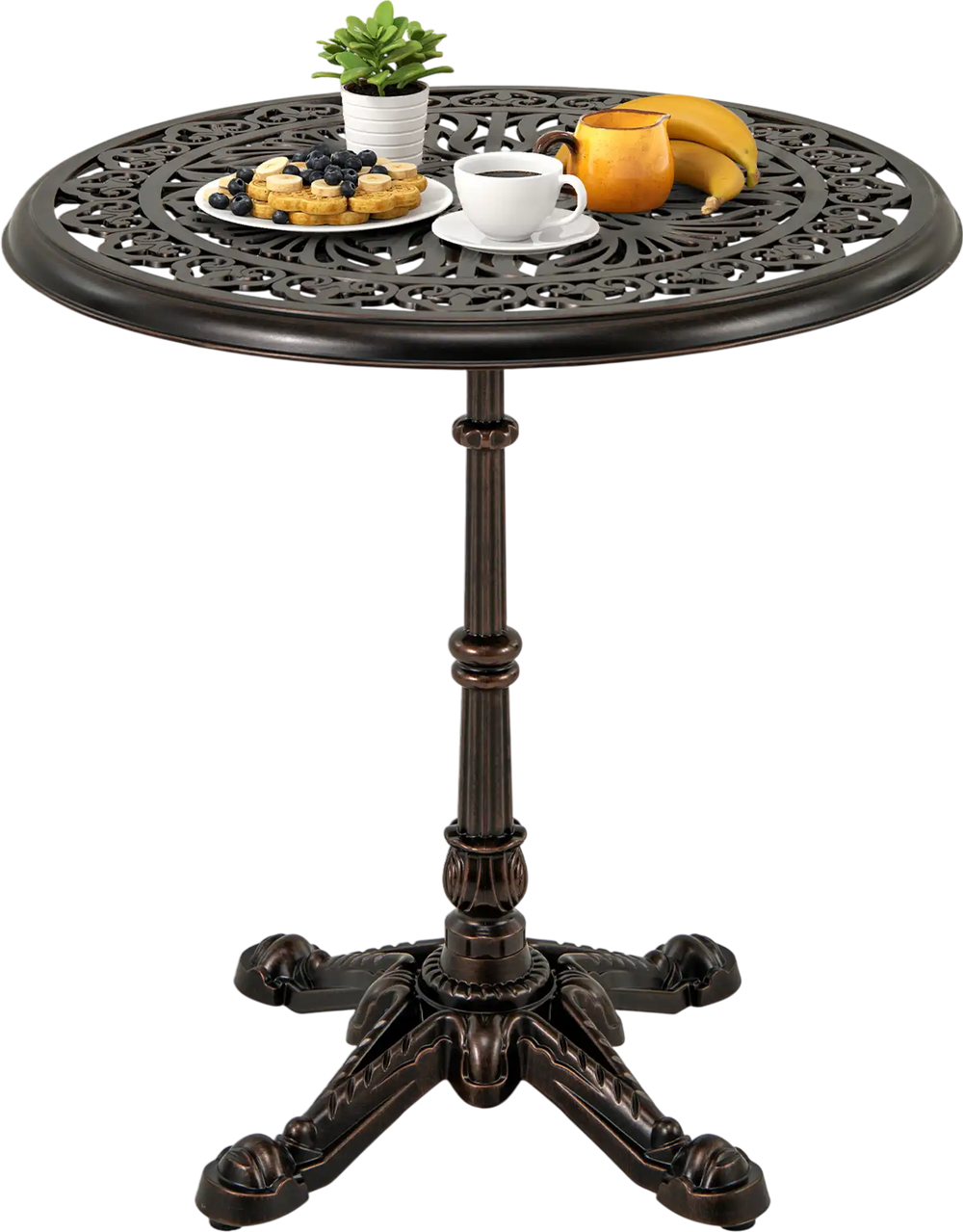 27-inch round cast aluminum patio bistro table with hollow top, featuring a vintage design and stable base for outdoor.