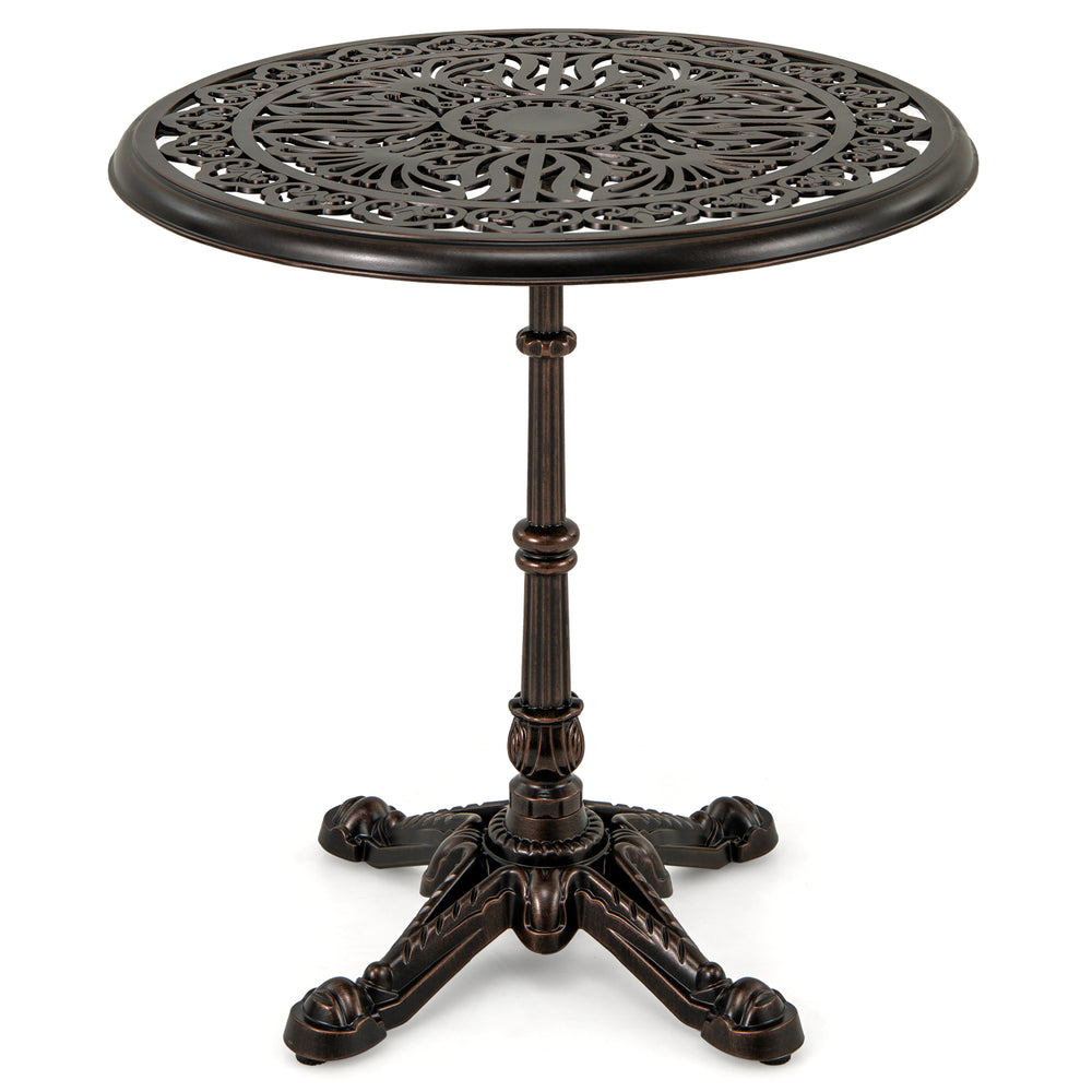 27-inch round cast aluminum patio bistro table with hollow top design, vintage appeal, and stable base for outdoor use.