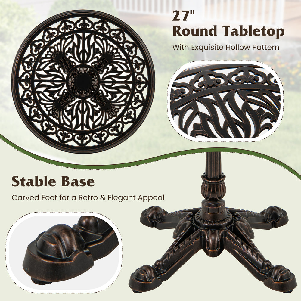 27" round cast aluminum patio bistro table with hollow top design and carved feet for a vintage touch and stable.