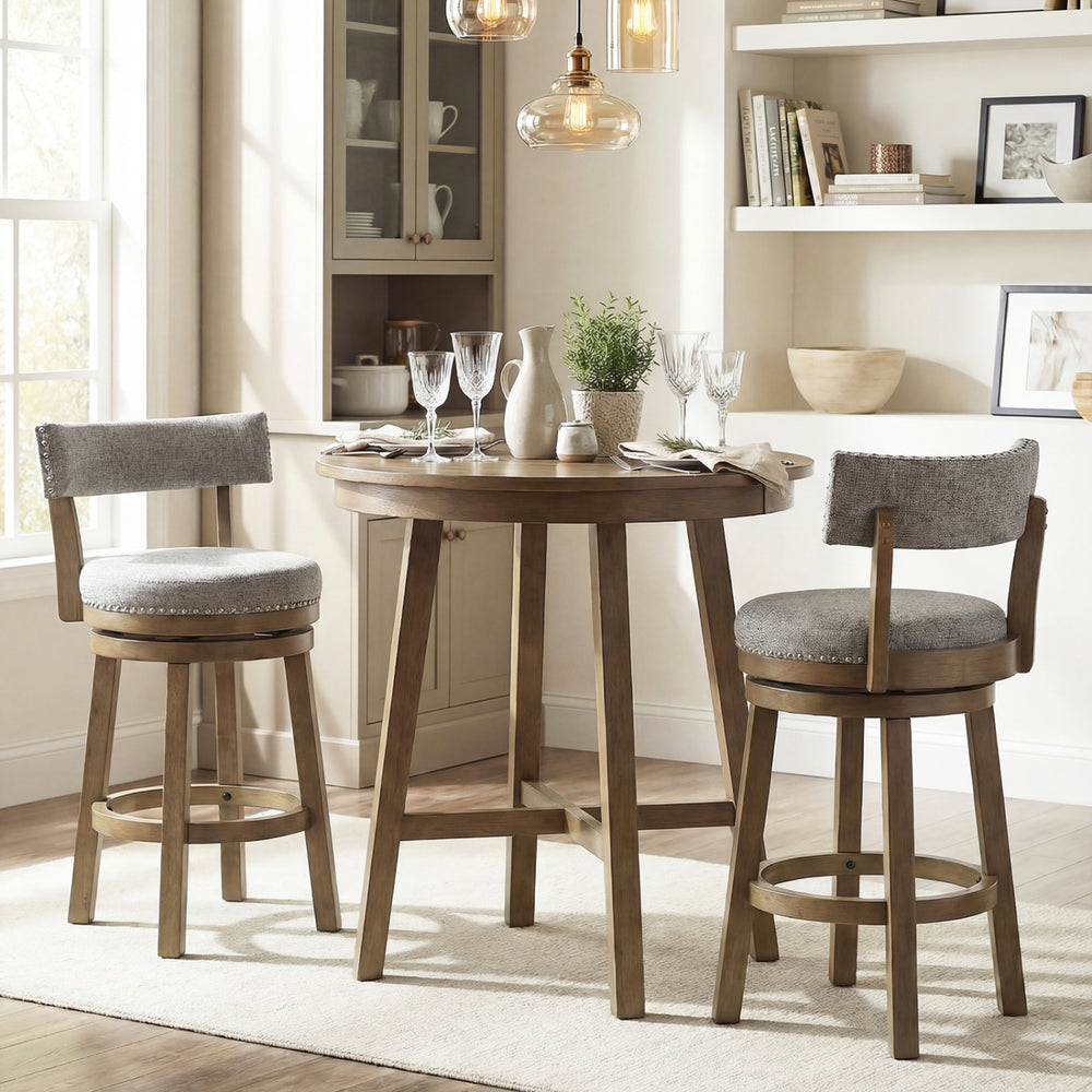 Swivel bar stools with upholstered back and footrest, featuring solid rubber wood legs for stylish kitchen seating.