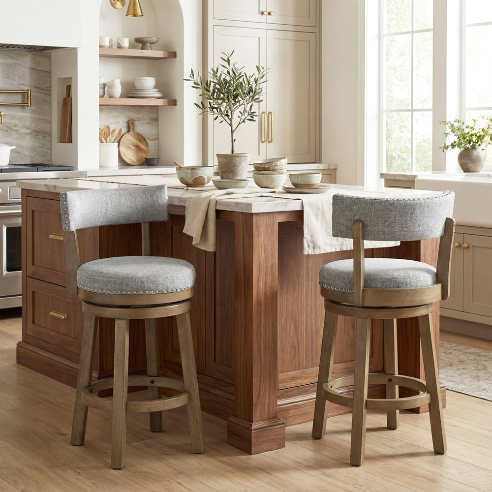 27-inch swivel bar stool showcasing a curved backrest and thick seat cushion, perfect for comfort in kitchen spaces.