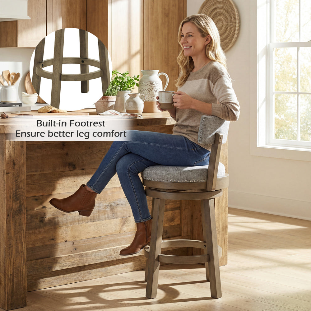 27-inch swivel bar stool with upholstered back and built-in footrest, offering comfort and support for kitchen seating.
