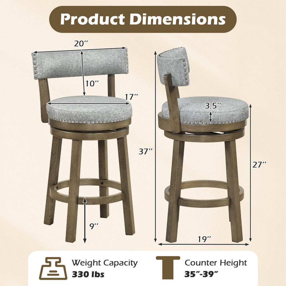 27-inch swivel bar stool with upholstered back, rubber wood legs, and footrest, ideal for stylish seating.
