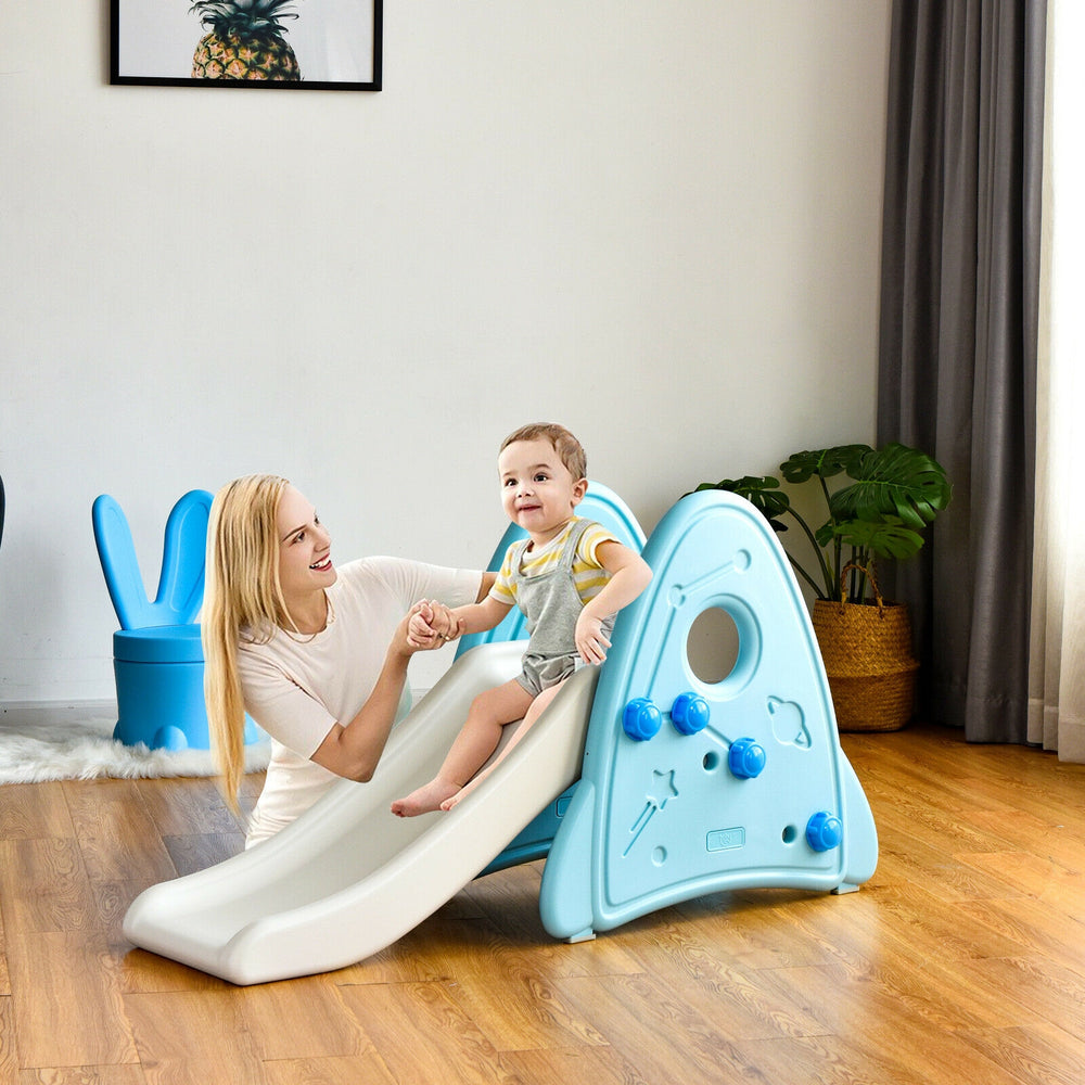 Freestanding baby slide in blue with anti-skid steps and triangular design for safe indoor play for toddlers.